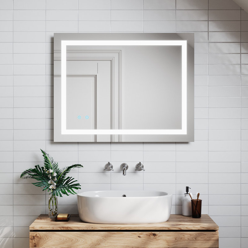 Orren Ellis Bathroom Mirror, 32x24 Inch Led Lights Mirror Wall Mounted Vanity Mirror With Smart